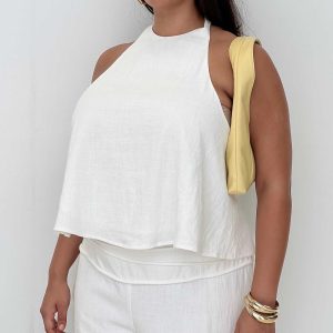 Aquaria Halter Linen Blend Top White Curve