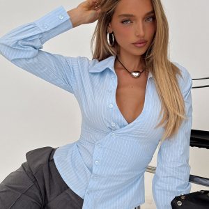 Mayda Asymmetrical Long Sleeve Shirt Blue Pinstripe