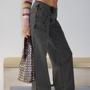 Dolley Star Stitch Mid Rise Wide Leg Jean Grey Wash