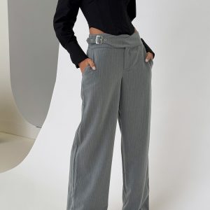 Jinny Relaxed Buckle Tailored Pants Grey Pinstripe
