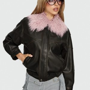 Brittanni Fluffy Collar Jacket Brown / Pink