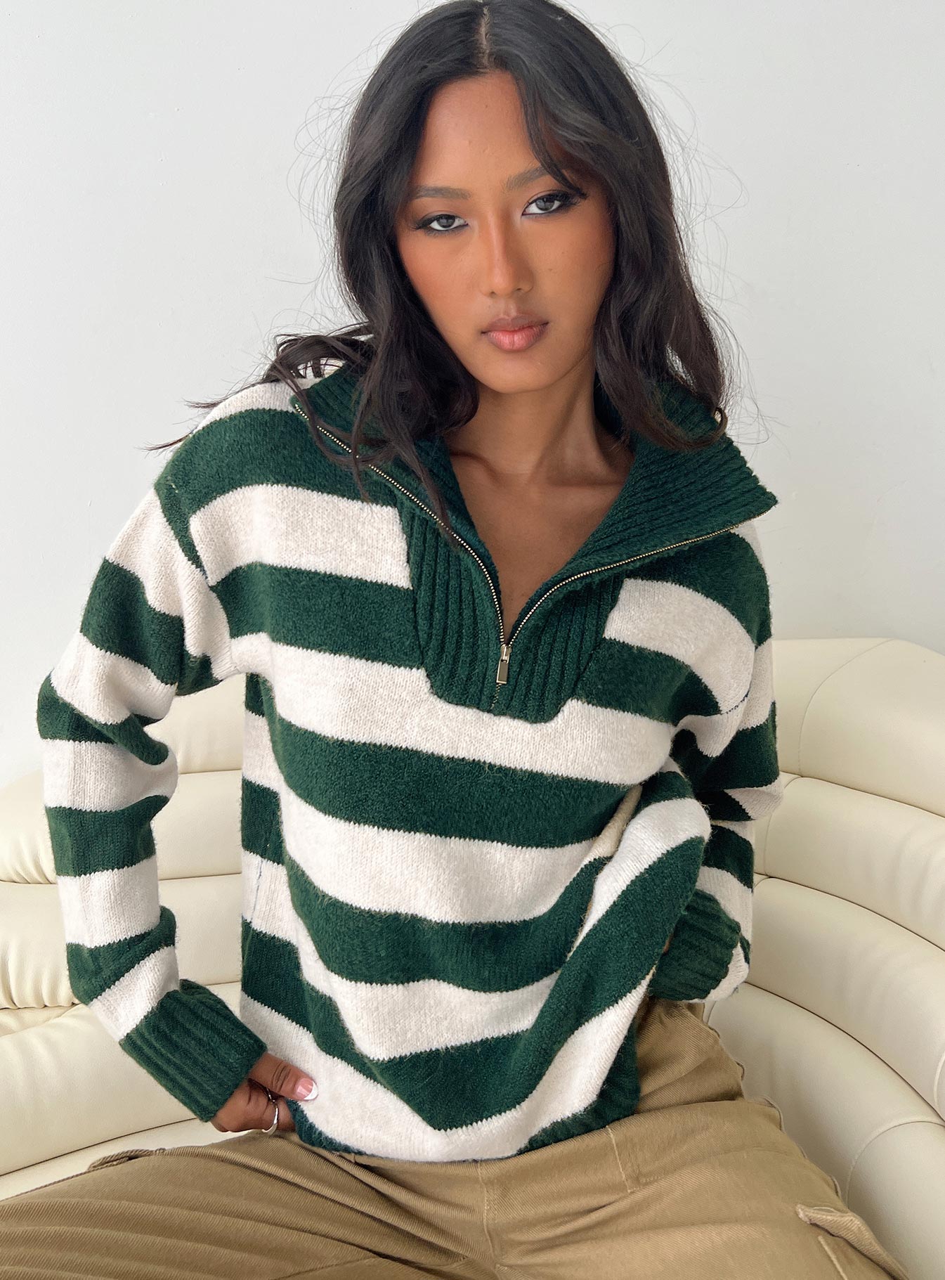 Neena Quarter Zip Sweater Green / Cream - Image 6