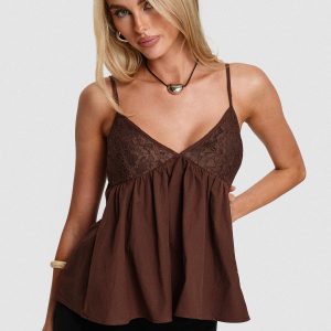 Janeesa Frill Lace Detail Cami Top Brown
