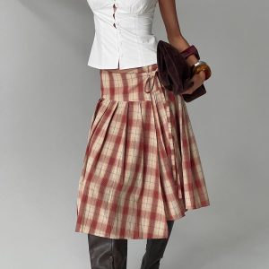 Norie Wrap Pleat Midi Skirt Red Plaid