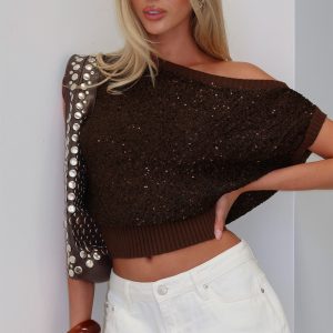 Marysa Sequin Knit Blouson Top Brown