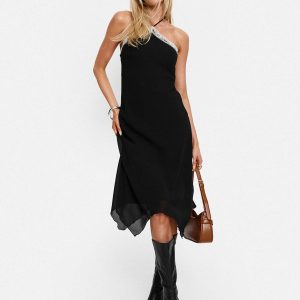 Naila Halter Lace Trim Midi Dress Black
