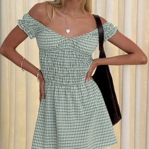 Olwen Ruched Romper Green Check