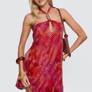 Magica Halter Keyhole Mini Dress Red Floral