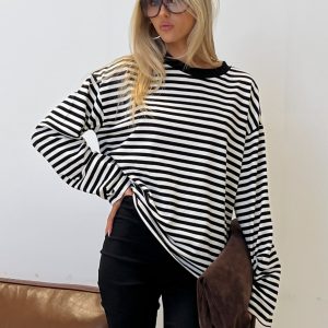 Settle Down Long Sleeve Top Black / White Stripe