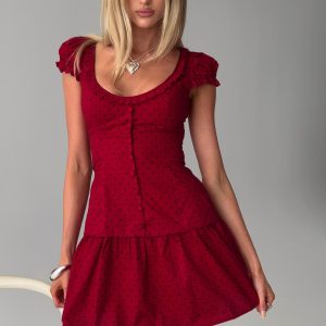 Ottillie Lace Trim Button Down Mini Dress Red Polka Dot