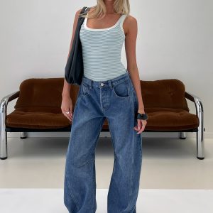 Normana Mid Rise Cropped Barrel Jeans Mid Blue Wash