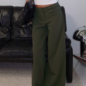 Jette Tailored Buckle Pant Green Pinstripe
