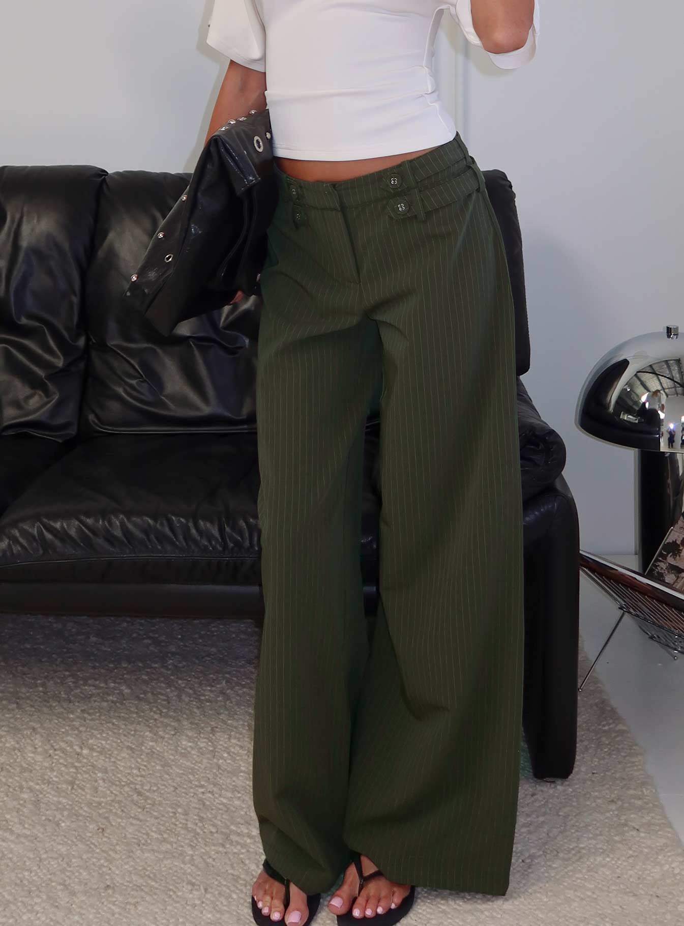 Jette Tailored Buckle Pant Green Pinstripe