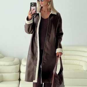 Ammelia Shearling Long-line Jacket Brown