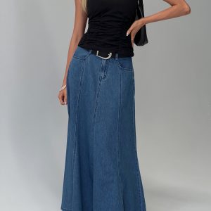 Charleigh Soft Pleat Denim Maxi Skirt Mid Blue Wash
