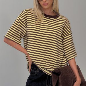 Settle Down Short Sleeve Top Yellow / Brown Stripe