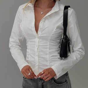 Stand Up Guy Long Sleeved Ruched Detail Top White