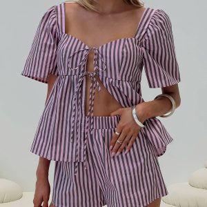 Two Young Hearts Tie Up Set Pink / Brown Stripe