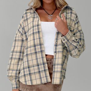 Leylan Oversized Plaid Shacket Cream Plaid