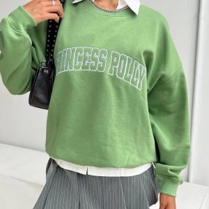 Princess Polly Crew Neck Sweatshirt Collegiate Text Green