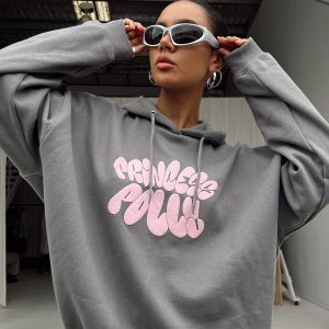 Princess Polly Hooded Sweatshirt Bubble Text Charcoal / Light Pink