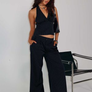 All She Wrote Halter Tailored Set Navy Stripe