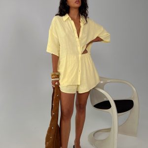 Peni Drawstring Linen Shorts Yellow
