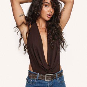 Quinna Plunge Neck Backless Bodysuit Chocolate