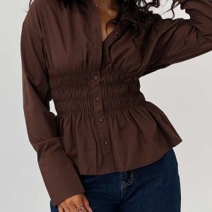 As You Are Shirred Button Up Top Chocolate