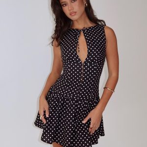 Alissea Keyhole Linen Blend Mini Dress Black Polka