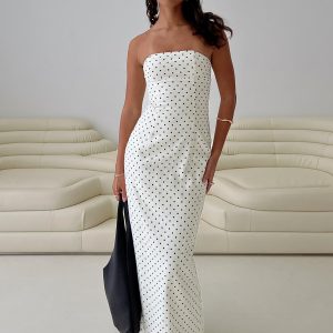 Dovie Linen Blend Strapless Midi Dress Cream Polka