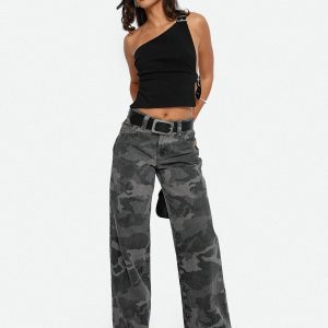 Big Talk Mid Rise Straight Leg Jeans Grey Washed Camo