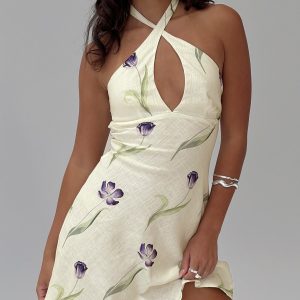 Havenna Halter Linen Blend Mini Dress Cream Floral