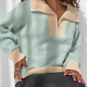 Leelie Quarter Zip Sweater Mint / Beige