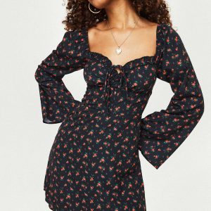 Love Birds Long Sleeve Mini Dress Black / Red Floral