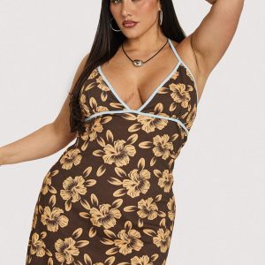 Mishie Halter Mini Dress Brown / Blue Floral Curve
