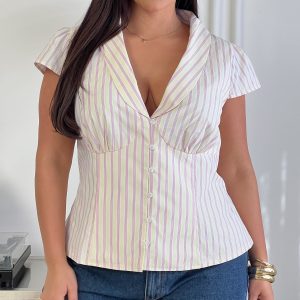 Ellis Island Collared Top Pink Stripe Curve