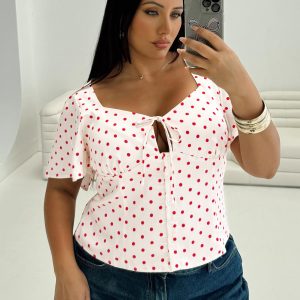 Adrienna Flutter Blouse White / Red Curve