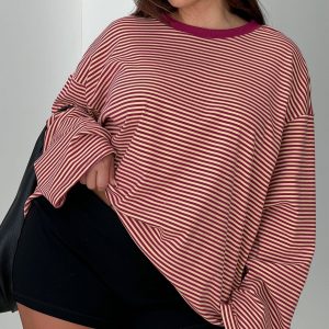 Settle Down Long Sleeve Top Lemon / Burgundy Stripe Curve
