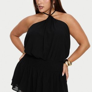 Khamira Halter Shirred Mini Dress Black Curve