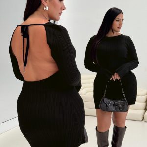 Mayok Long Sleeve Mini Dress Black Curve