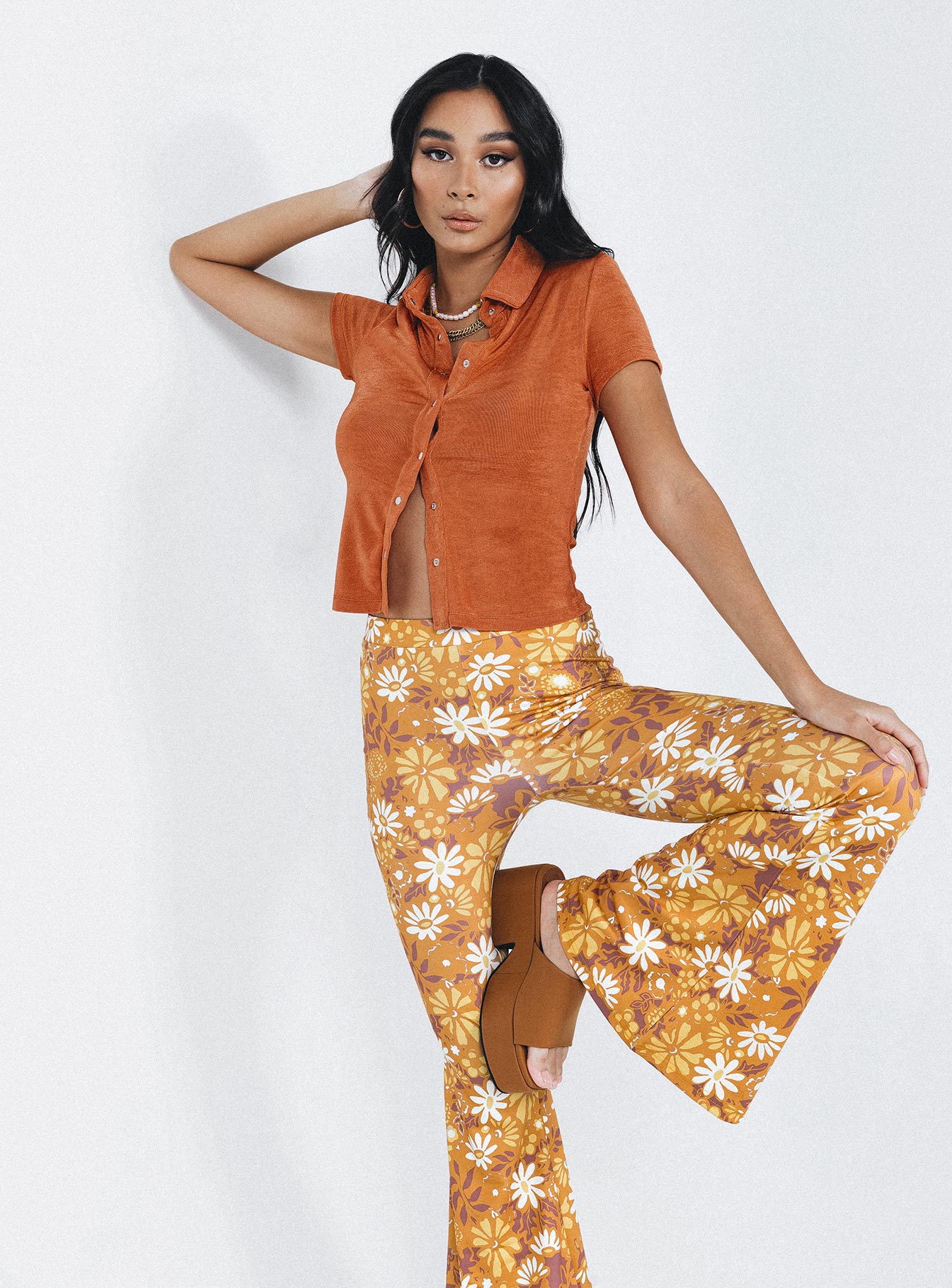 Retro Floral Flare Pants Orange - Image 3