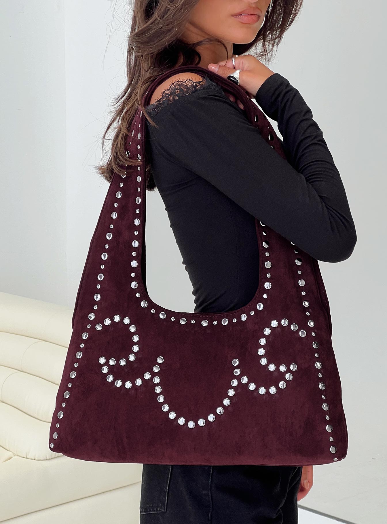 Lemoni Faux Suede Stud Bag Burgundy - Image 5