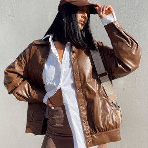 Rach Faux Leather Oversized Bomber Jacket Brown