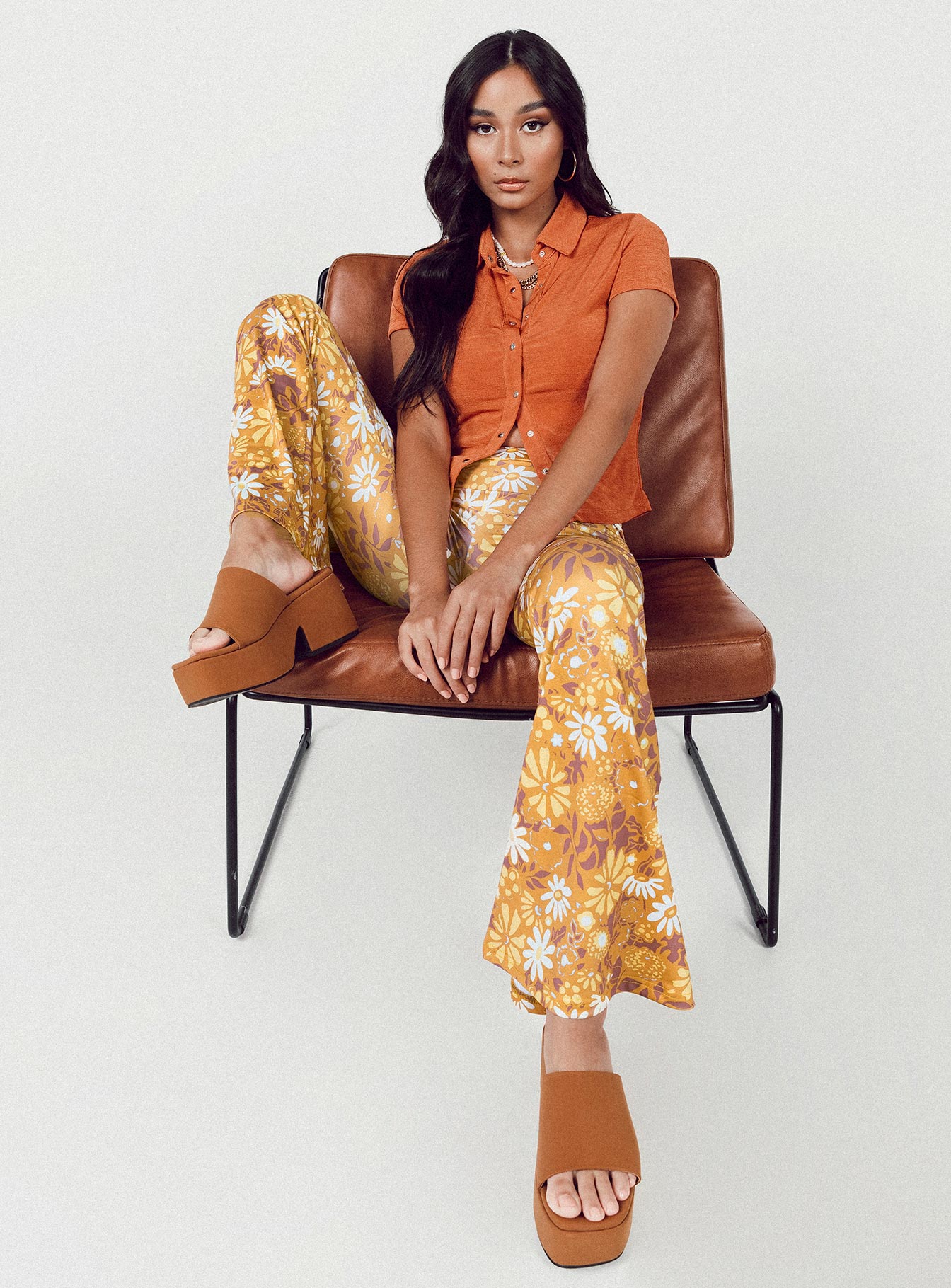 Retro Floral Flare Pants Orange - Image 2