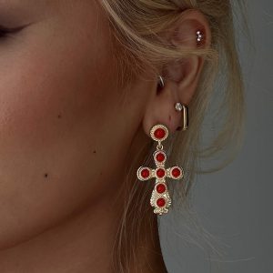 Oakwood Cross Earrings Gold / Red