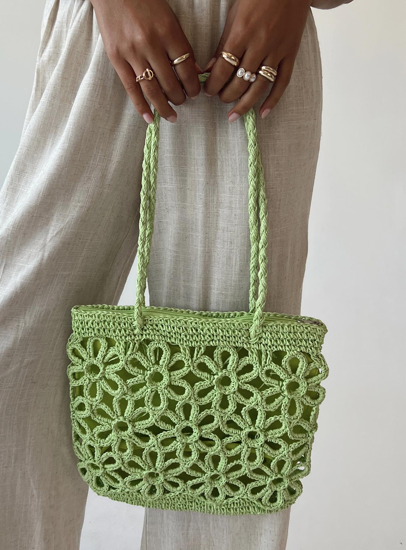 Welby Crochet Flower Tote Green - Image 3
