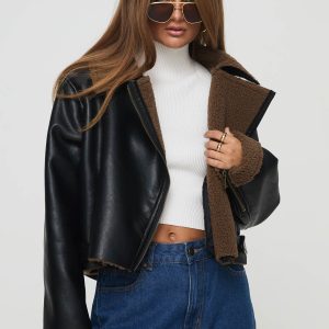 Shearling Trim Faux Leather Jacket Black