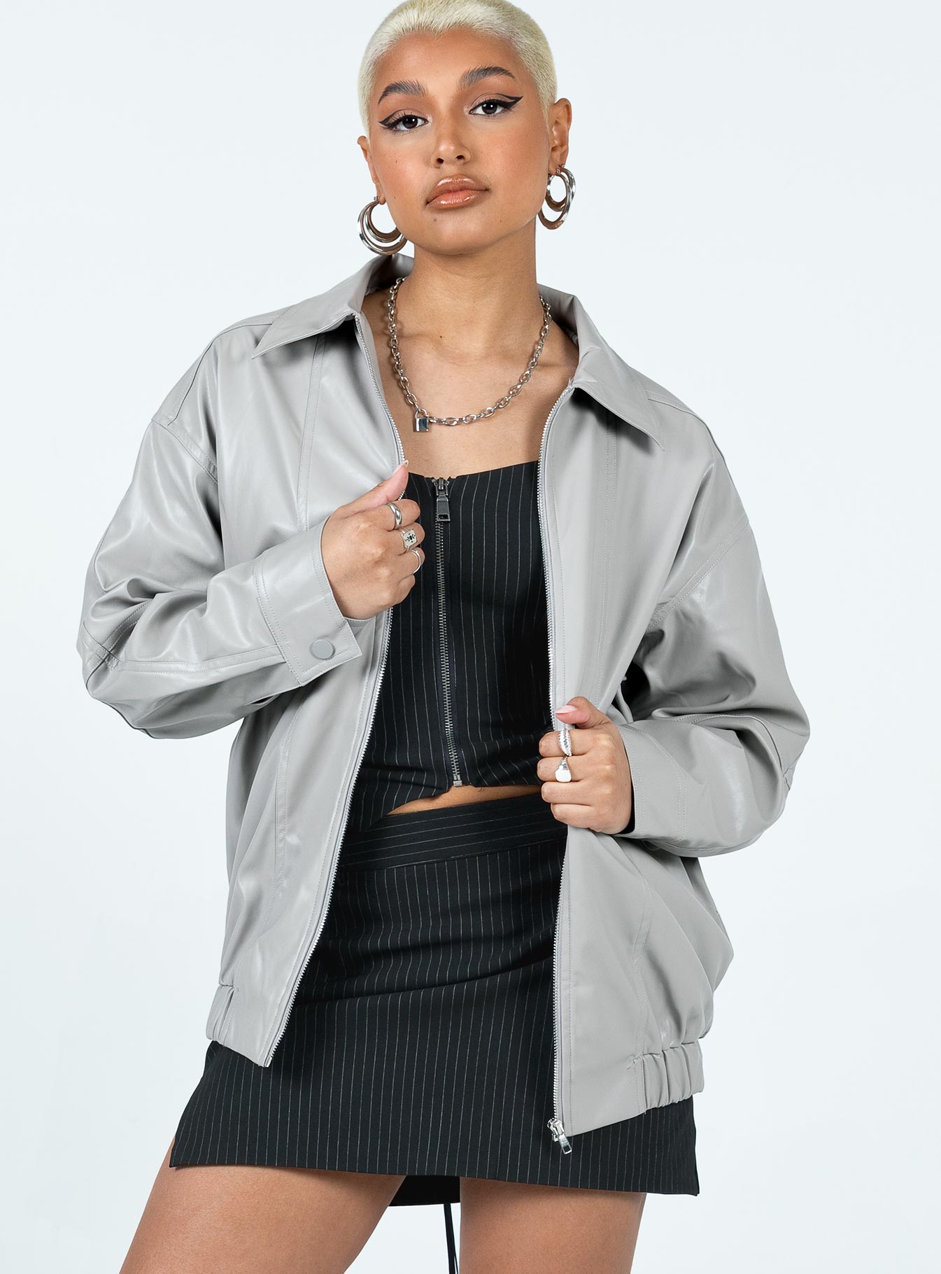 Braelynn Faux Leather Bomber Jacket Grey - Image 2