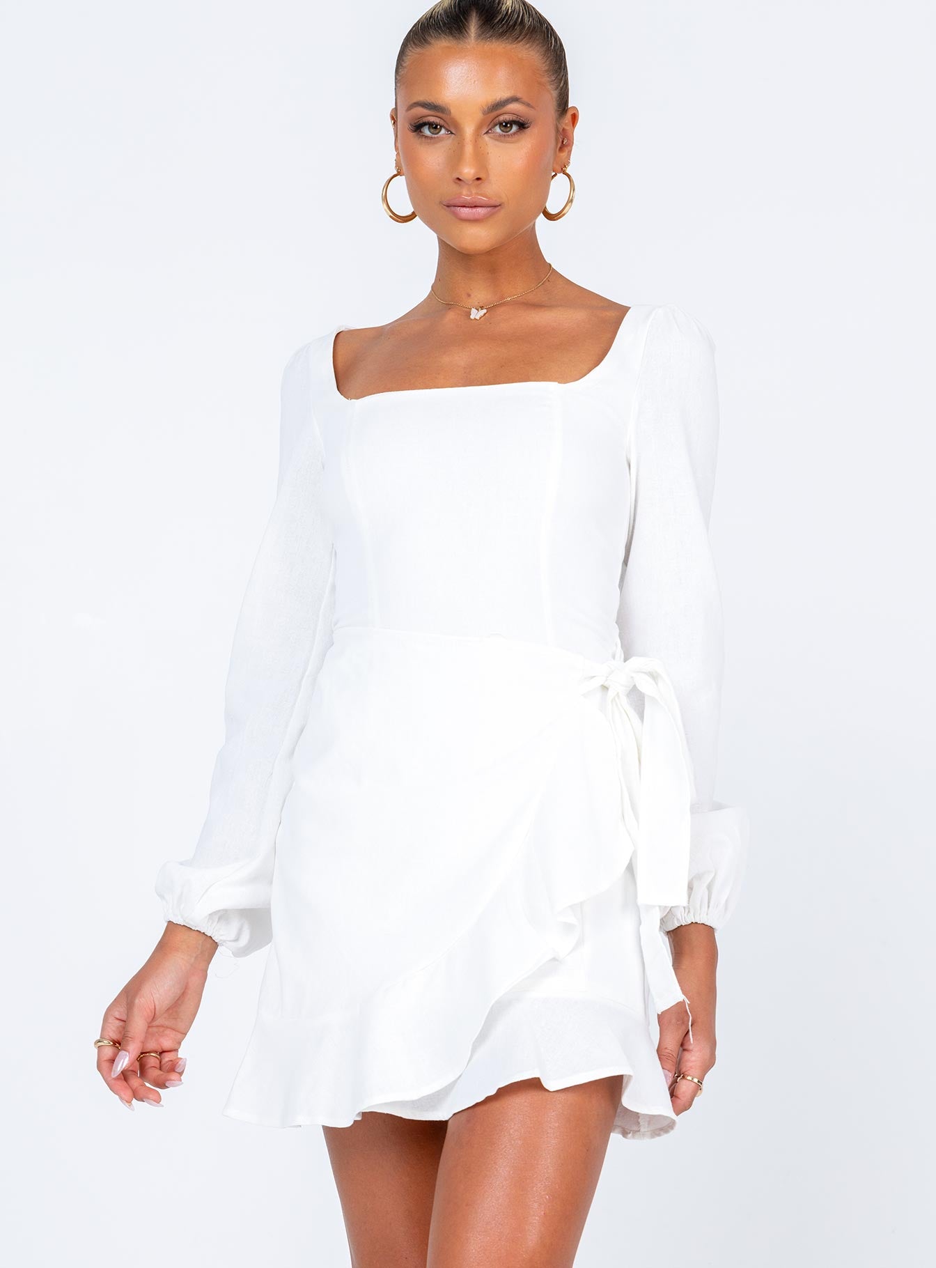 The Villa Long Sleeve Mini Dress White - Image 3